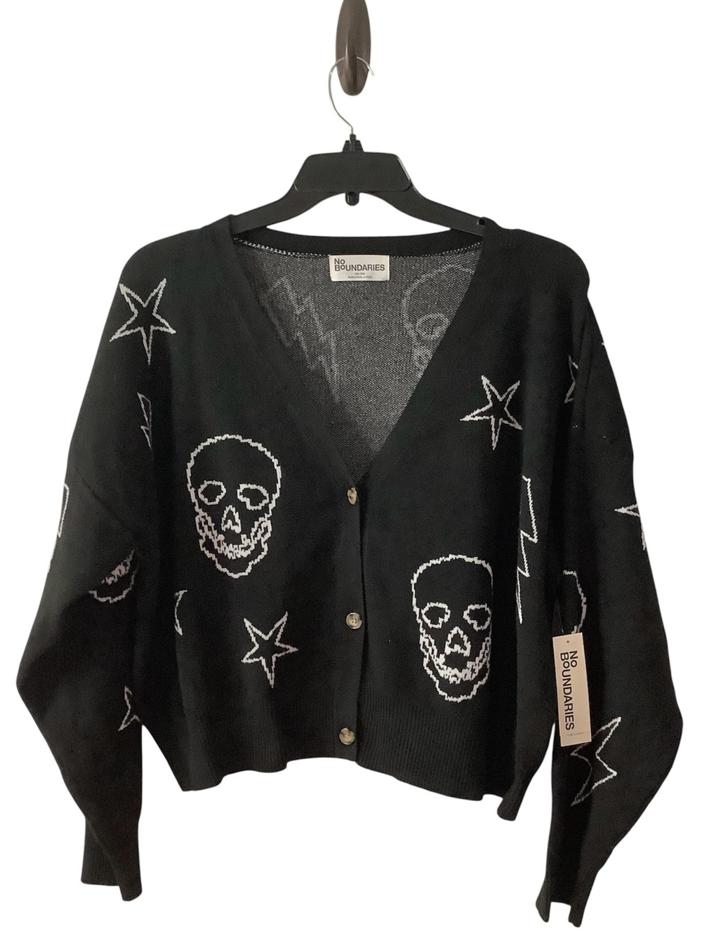 No Boundaries Black Cardigan with White Skull & Star Pattern, Size XXL